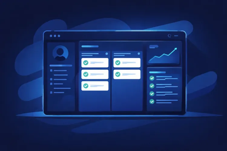 Dark blue flat illustration of a CRM sales dashboard interface with task boards and analytics