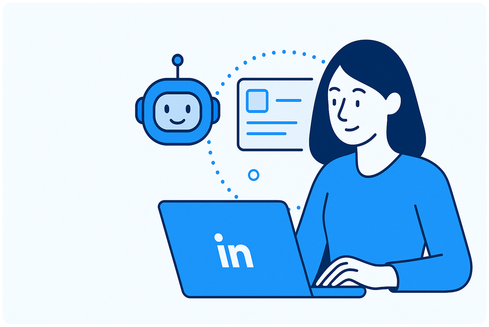 linkedin ai tools, ai tools for linkedin in 2025. illustration of woman looking at laptop 