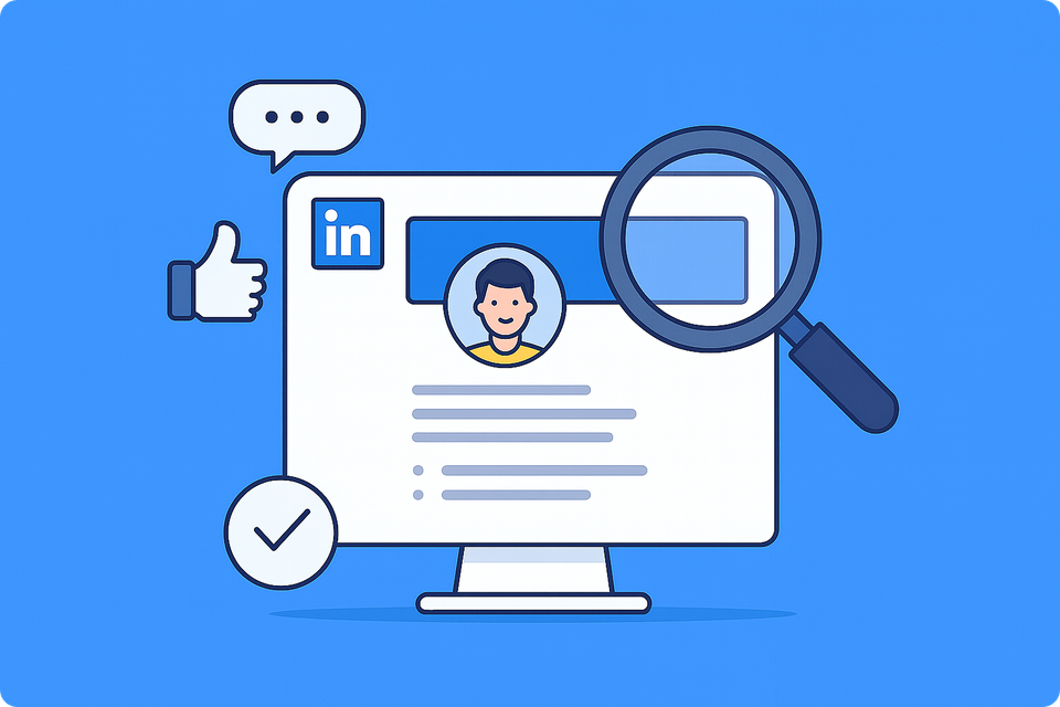 LinkedIn Profile Optimization Tips for 2025, image shows laptop screen on linkedin profile, linkedin logo, and a magnifying g