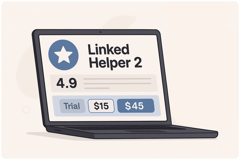 Linked Helper review and pricing 2025 image shows laptop with linked helper 2 logo and their pricing structure on the screen
