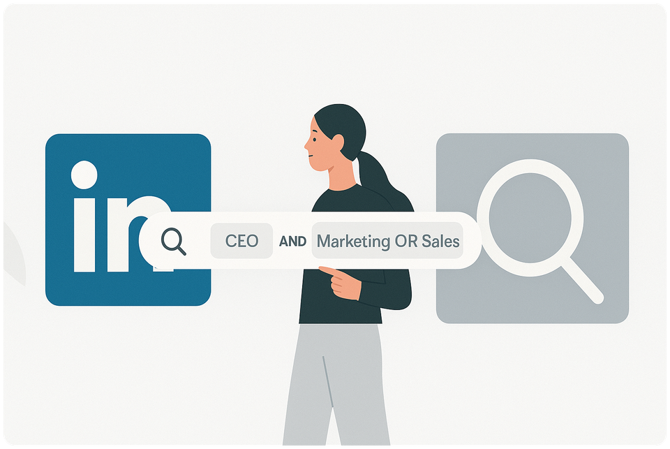 LinkedIn Boolean Search tutorial 2025. image shows girl holding boolean string with linkedin logo in the back