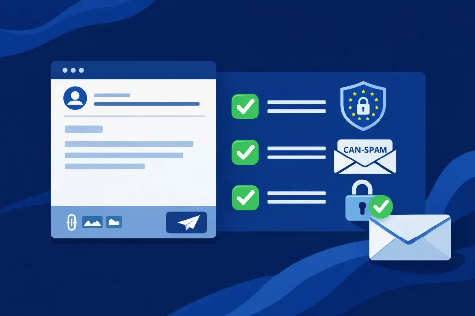 Email compliance article featured image showing email with GDPR, CAN-SPAM icons