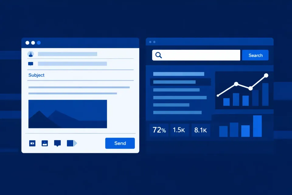 Email marketing and SEO featured image showing an email template and SEO analytics