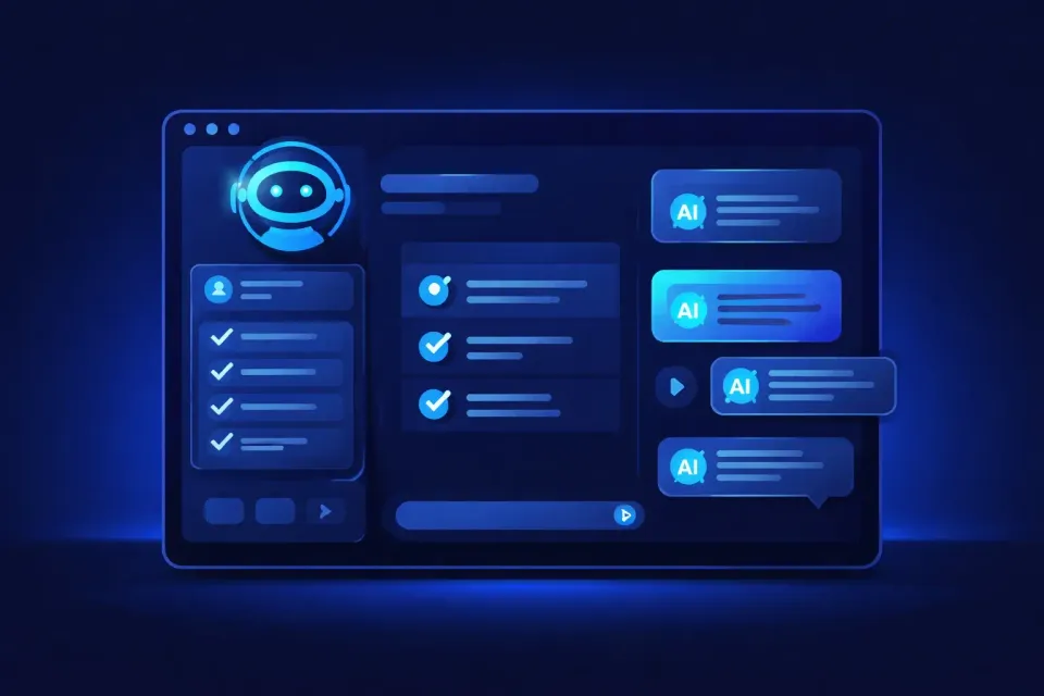 Minimal dark blue AI sales assistant dashboard with chatbot and task list interface (featured image)