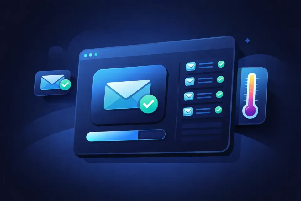 Minimal flat illustration of an email warmup tool dashboard (featured image)