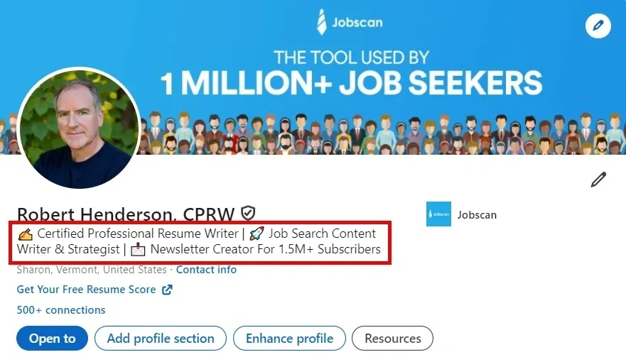 LinkedIn headline of Robert Henderson, Certified Professional Resume Writer and Job Search Content Strategist.
