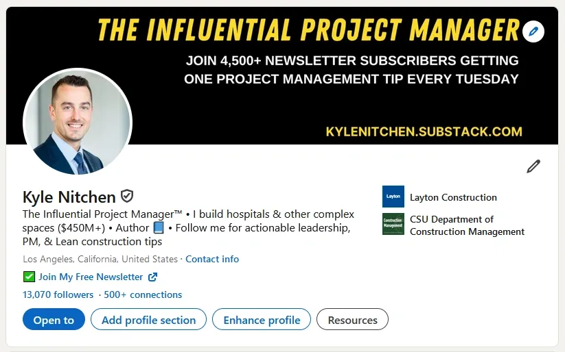 LinkedIn profile of Kyle Nitchen, influential project manager with 13,070 followers and newsletter subscription link.