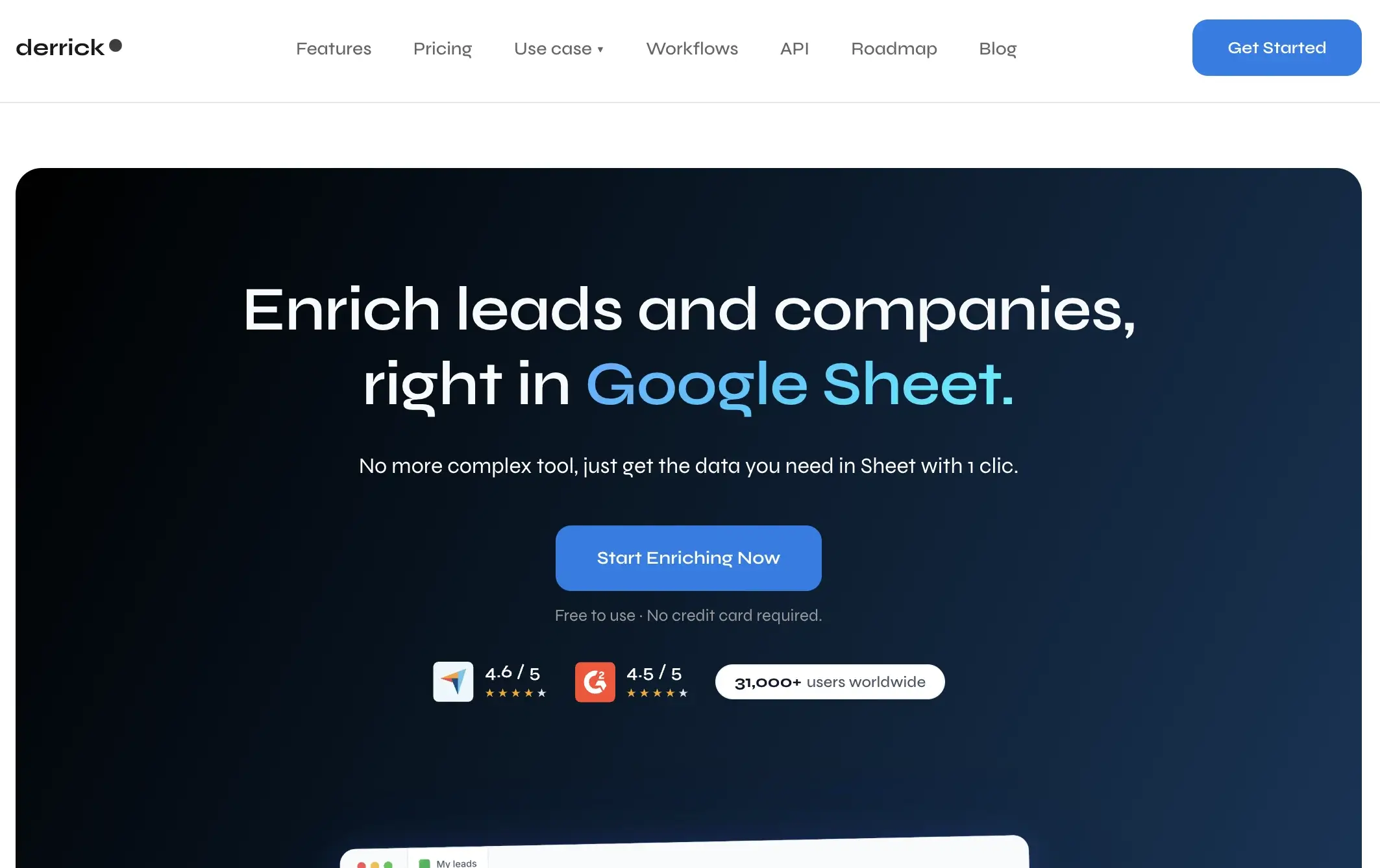 Captura de tela do site da ferramenta Derrick para scraping no LinkedIn