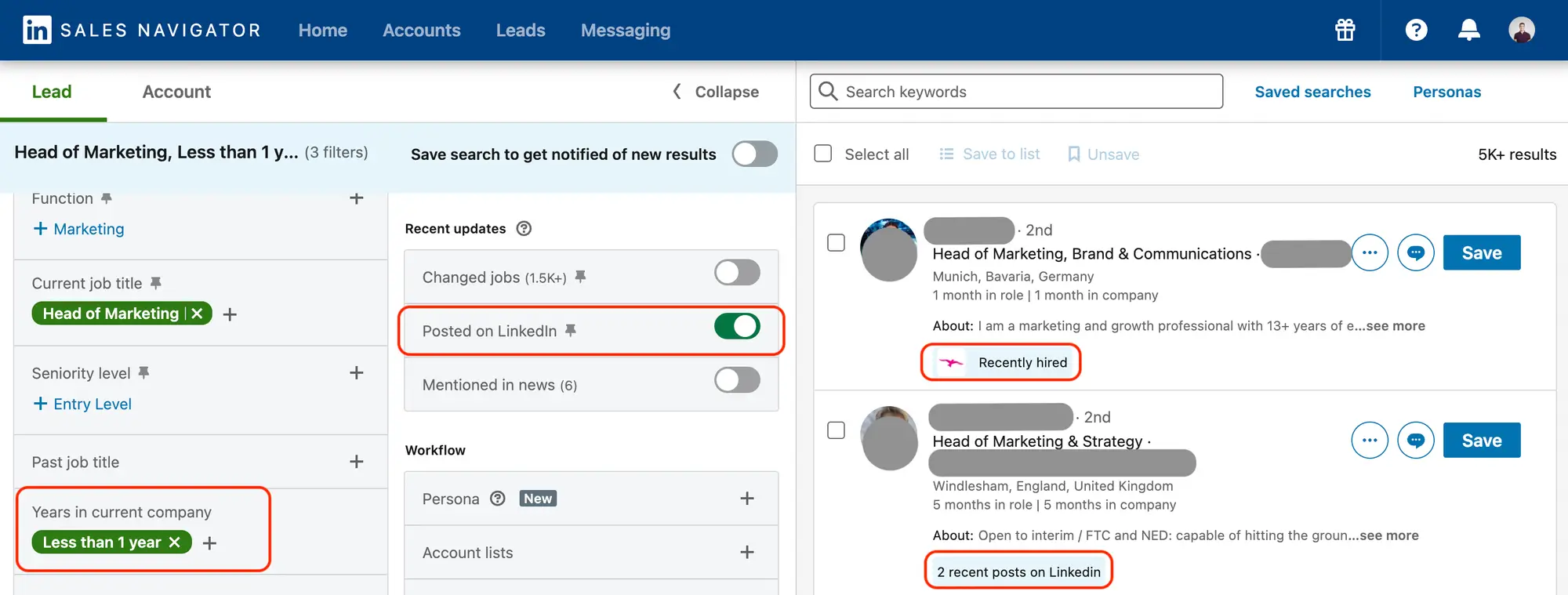 Interface da pesquisa avançada do LinkedIn Sales Navigator mostrando filtros de busca.