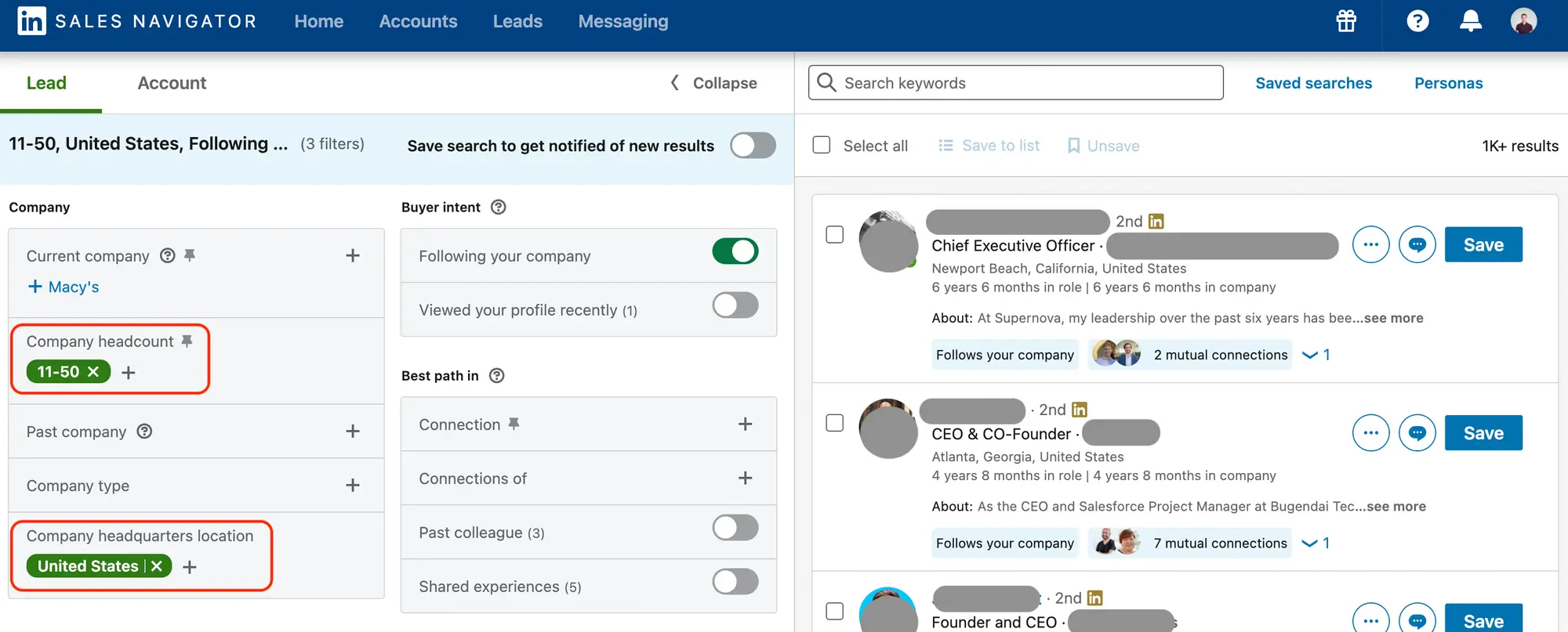 Filtros de empresas no LinkedIn Sales Navigator para prospecção B2B