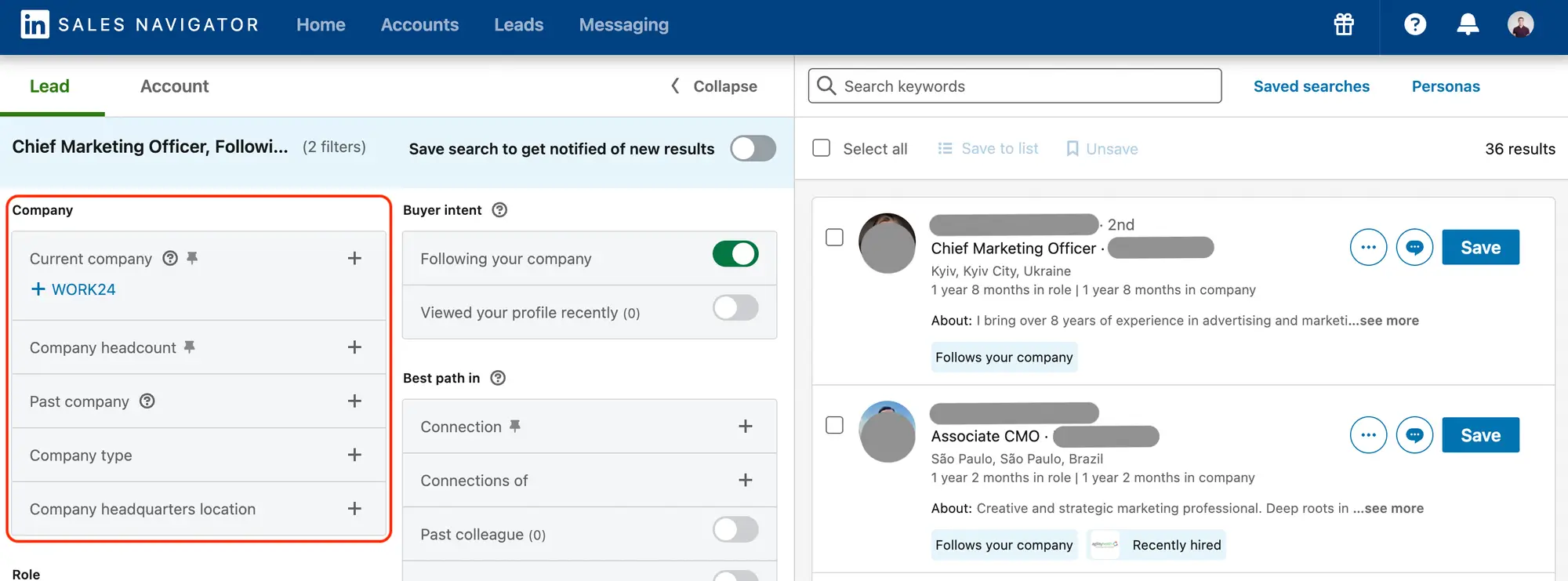 Tela dos filtros do LinkedIn Sales Navigator