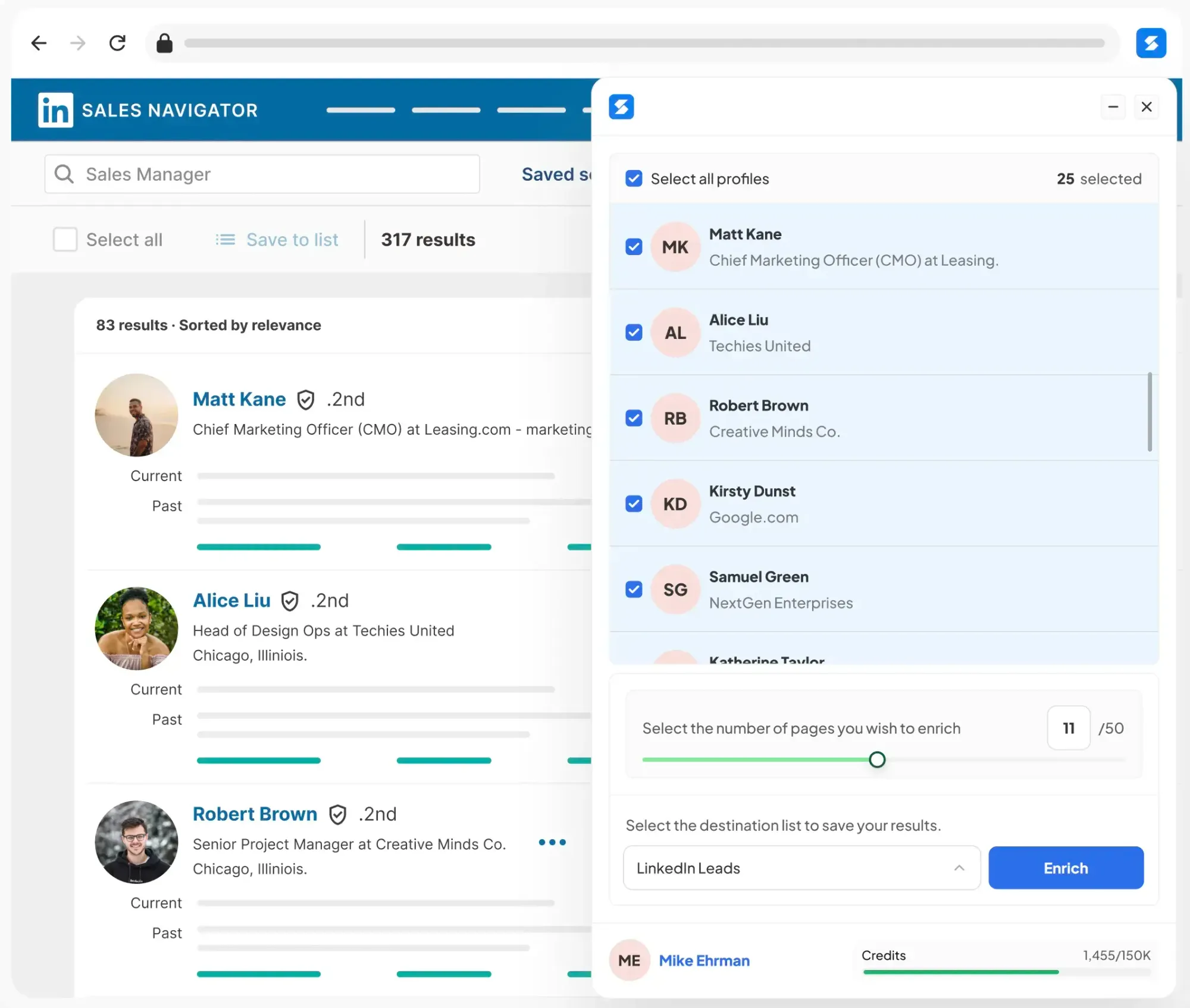 Encontrar endereços de e-mail verificados usando a extensão do Skrapp para o Sales Navigator