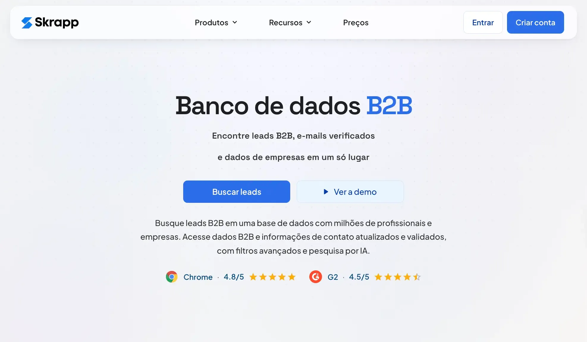 Captura de tela do site do Skrapp mostrando o banco de dados B2B de leads