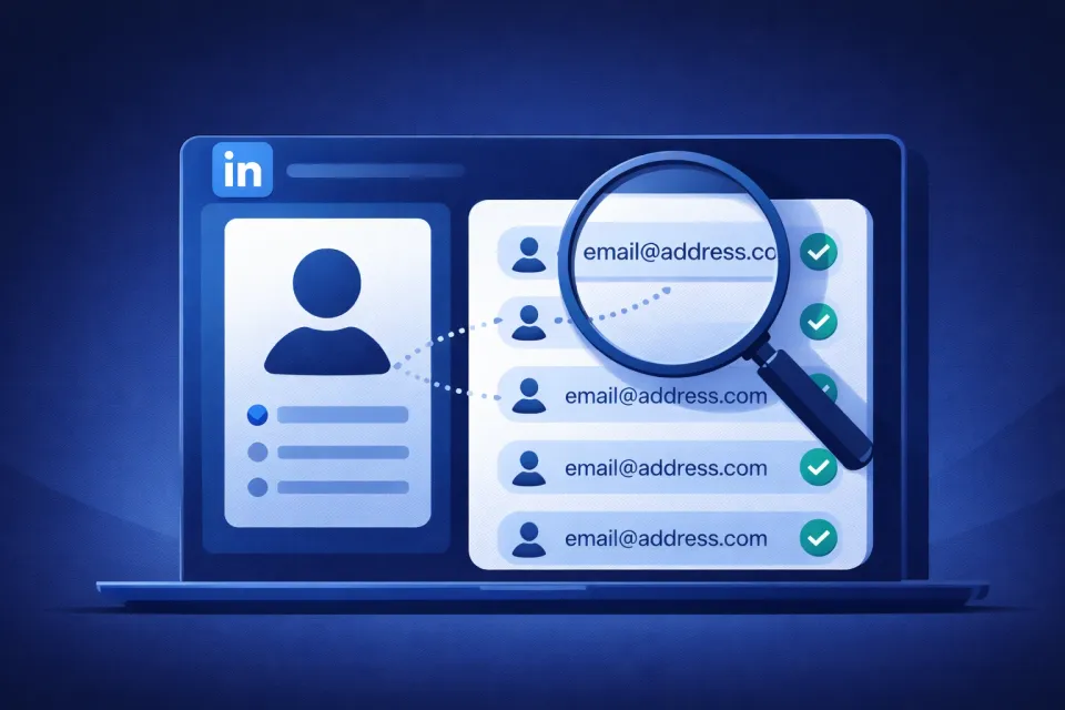 Ilustração de ferramenta de scraping do LinkedIn com lista de e-mails extraídos